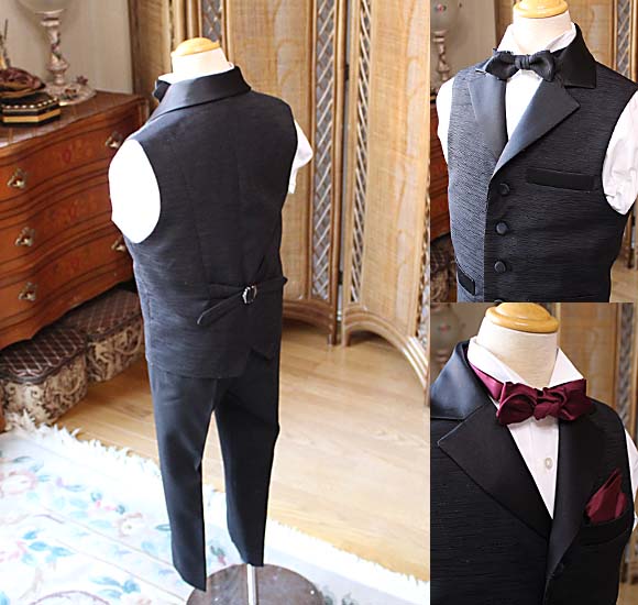 背後のジャケットベスト 蝶タイ ブラック ワインレッド チーフ