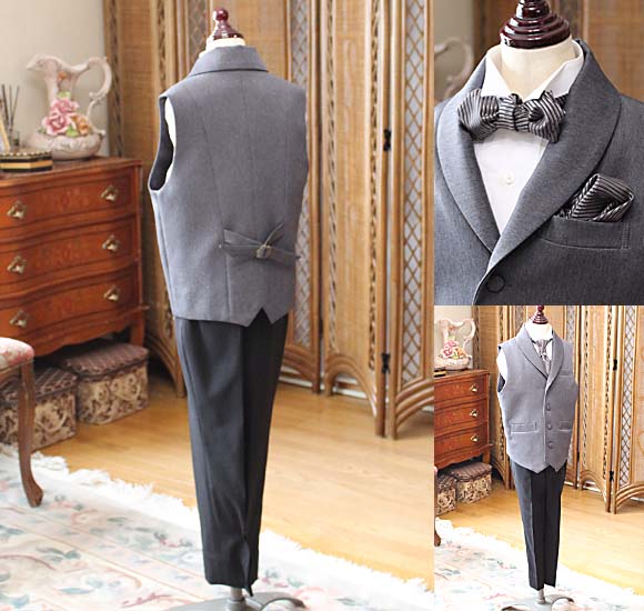 背後のジャケットベスト 蝶タイ チーフ トータルコーディネート