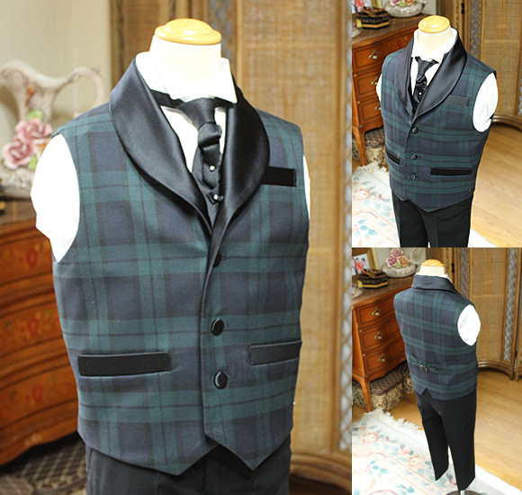 ジャケット ベスト ショールカラー グリーンチェック デザインタイ