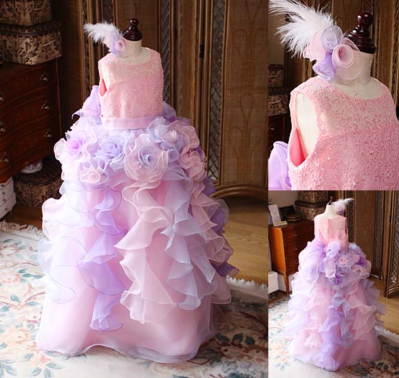 子供用発表会ドレス ピンク系パープルのコサージュドレス