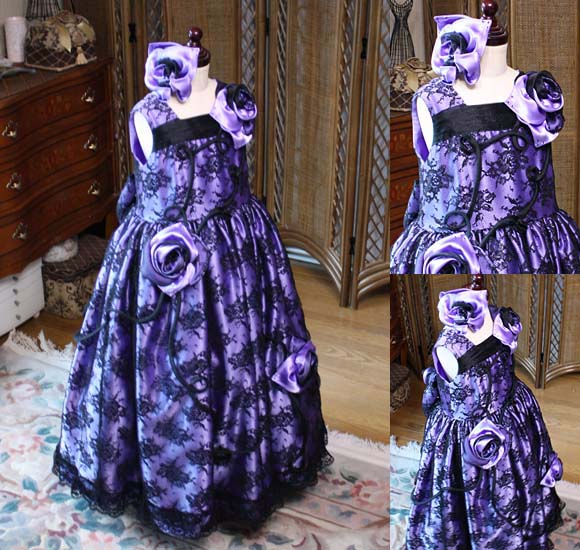 子供用発表会ドレス パープルとブラックレース ベルラインシルエット