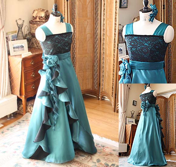 ピアノの演奏会ドレス アンティーク グリーン 高校生ドレス