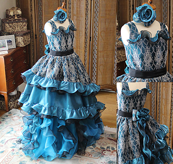 バロック調のジュニアサイズ コンチェルトドレス グリーン＆ブルー