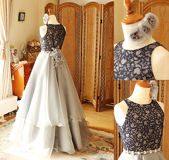 スカートシルエット 胸元のビーディング、ヘッドドレスの詳細