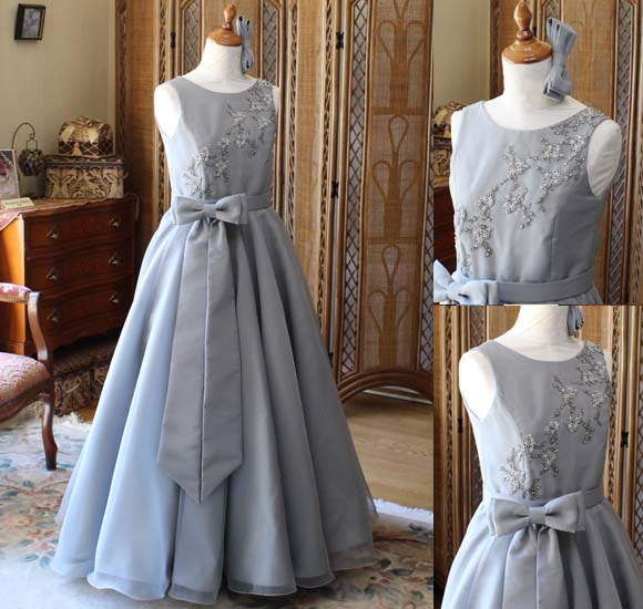 バイオリンのコンクールドレス グレー フレアAラインスカート