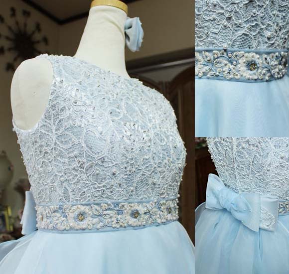 ラウンドネック ビジュー レース ウエストデザイン