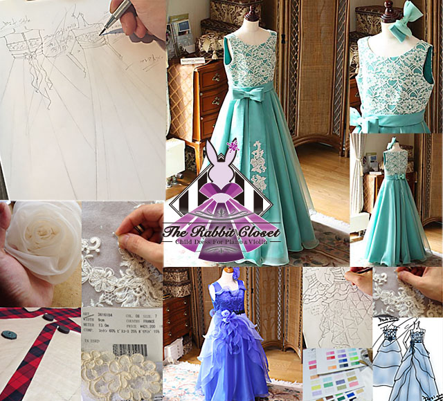 発表会のステージ、コンクールの雰囲気、演奏会やコンサートで演奏する曲をテーマに創れられる子供用ドレス